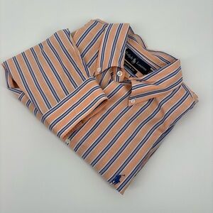 Polo Ralph Lauren Shirt Mens XL Custom Fit Peach Multicolored Striped‎ Button Up